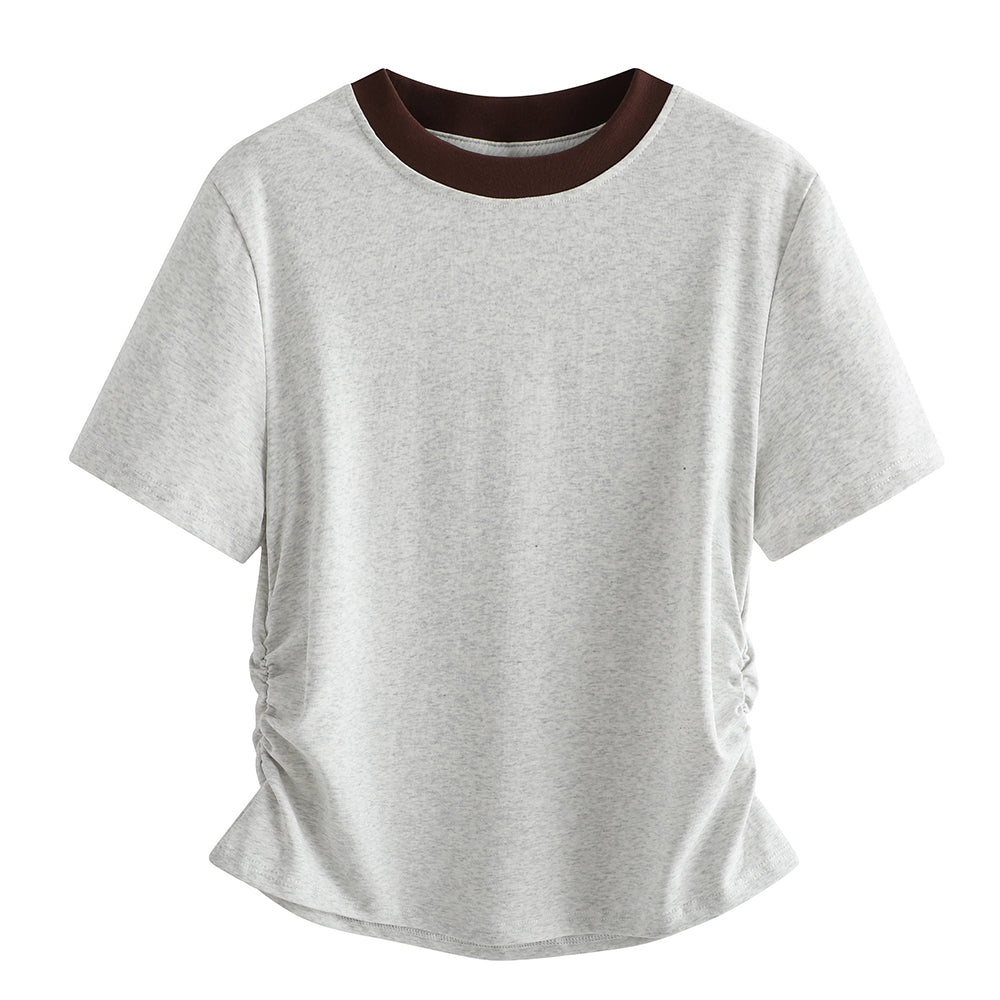 Pal ongaco pal ongaco Amerika ins trend to'qnashuvi qovurg'ali yoqa cho'zilgan bel nozik nozik shirin chili qisqa ekipaj bo'yinli qisqa yengli futbolka ayollar