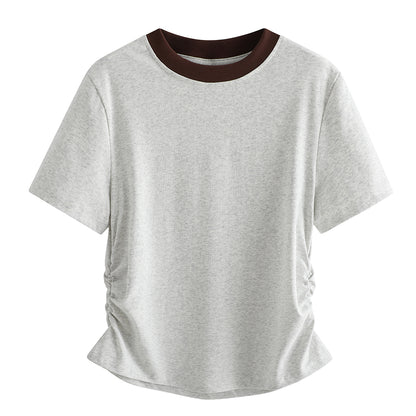 Pal ongaco pal ongaco Amerika ins trend to'qnashuvi qovurg'ali yoqa cho'zilgan bel nozik nozik shirin chili qisqa ekipaj bo'yinli qisqa yengli futbolka ayollar