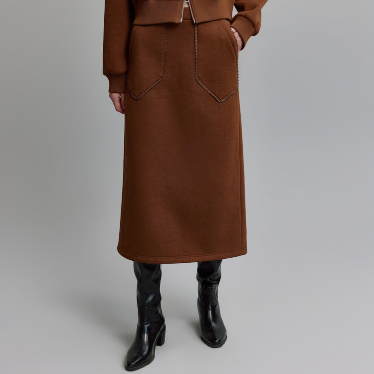 Elle frantsuzcha dizayndagi fermuarli musbat yelkali kozok qishki yangi oddiy tokchali ko'ylak yubka to'plami ayollar jigarrang