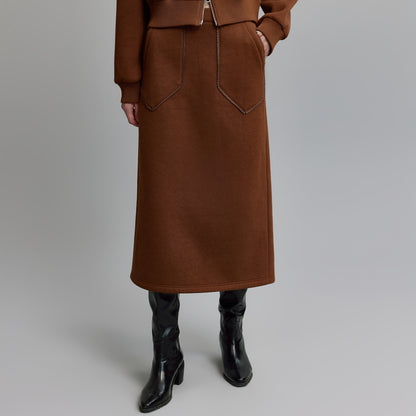 Elle frantsuzcha dizayndagi fermuarli musbat yelkali kozok qishki yangi oddiy tokchali ko'ylak yubka to'plami ayollar jigarrang