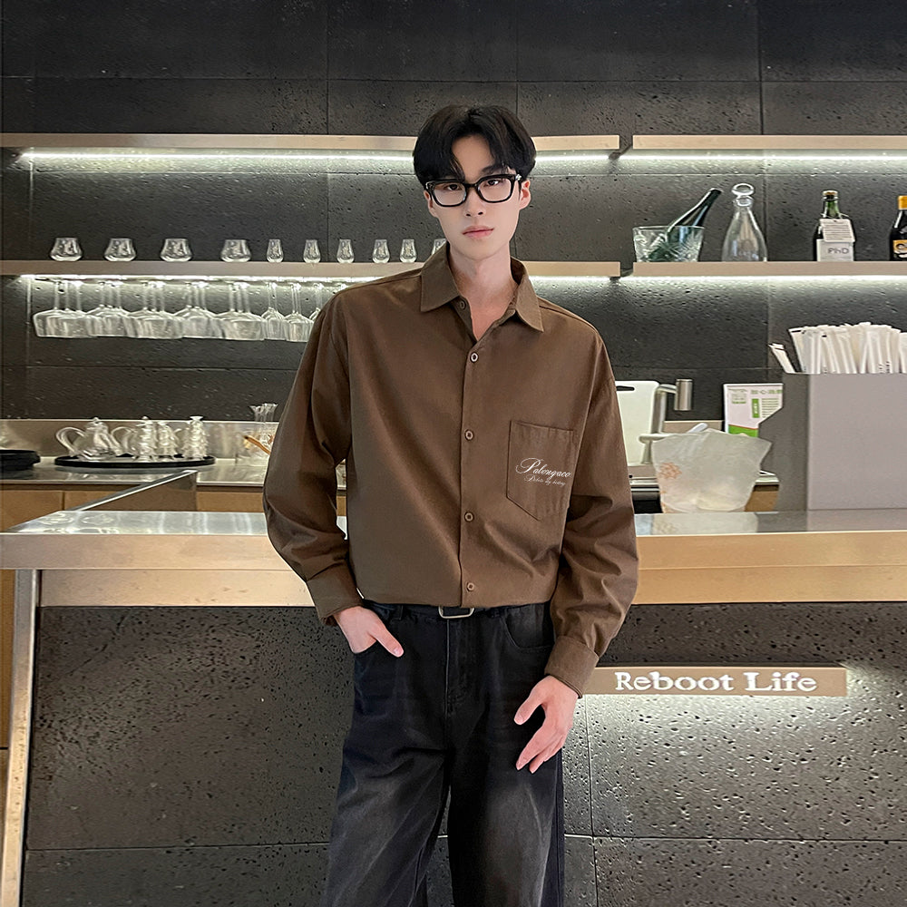 Pal ongaco pal ongaco Amerika retro qo'lyozma harflar logotipi bosma tasodifiy bo'sh uzun yengli ko'ylaklar lapel ko'ylagi bahor va kuz modellari chiroyli ko'p qirrali oddiy paxta ishchi ko'ylagi bir xil modeldagi erkaklar va ayollar