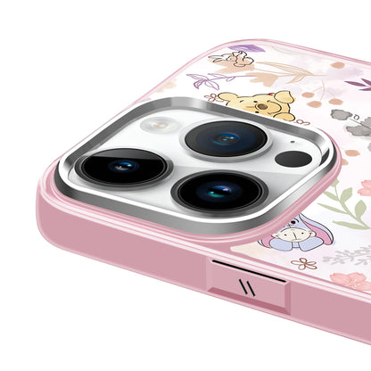 Disney ABS+Kompyuter materiali metall bo'yoq oyna himoyasi muzli shisha Yoqimli toka Puf ayiq gul seriyali bosma telefon sumkasi Apple/Apple 16Pro Max/Plus/iPhone15/14/13Pro multfilm animatsiyasi