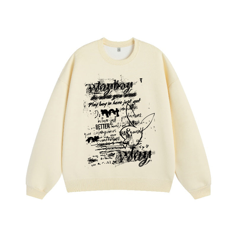 Playboy tekis rangli multfilm harfli naqshli qulay ko'p qirrali ekipaj bo'yinli uzun yengli kozok erkaklar va ayollar bir xil uslubda