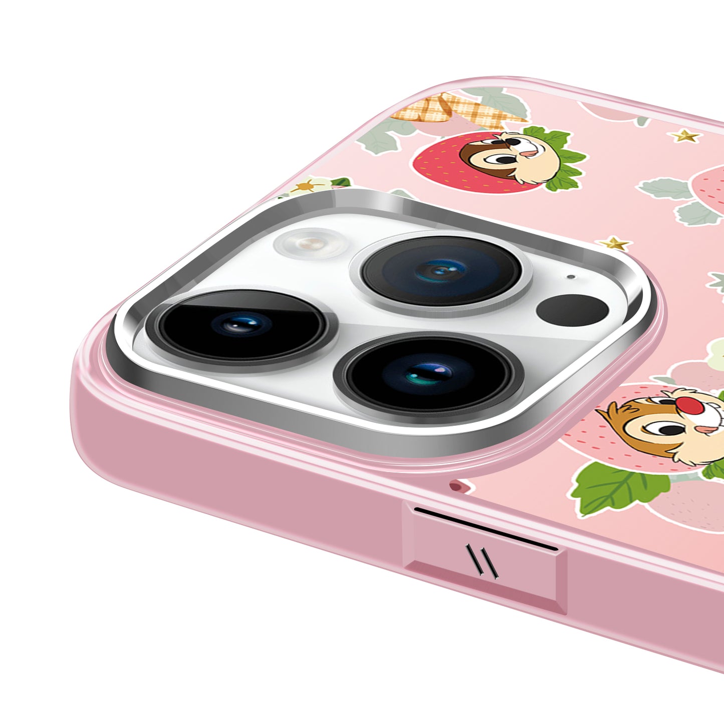 Disney abs+kompyuter materiali yoqimli qulupnay seriyali chicky titty shirin yuqori sifatli metall bo'yoq oyna himoyasi olma/olma 16promax/plus/iphone15/14/13pro multfilm animatsiyasi uchun muzli shisha telefon qutisi