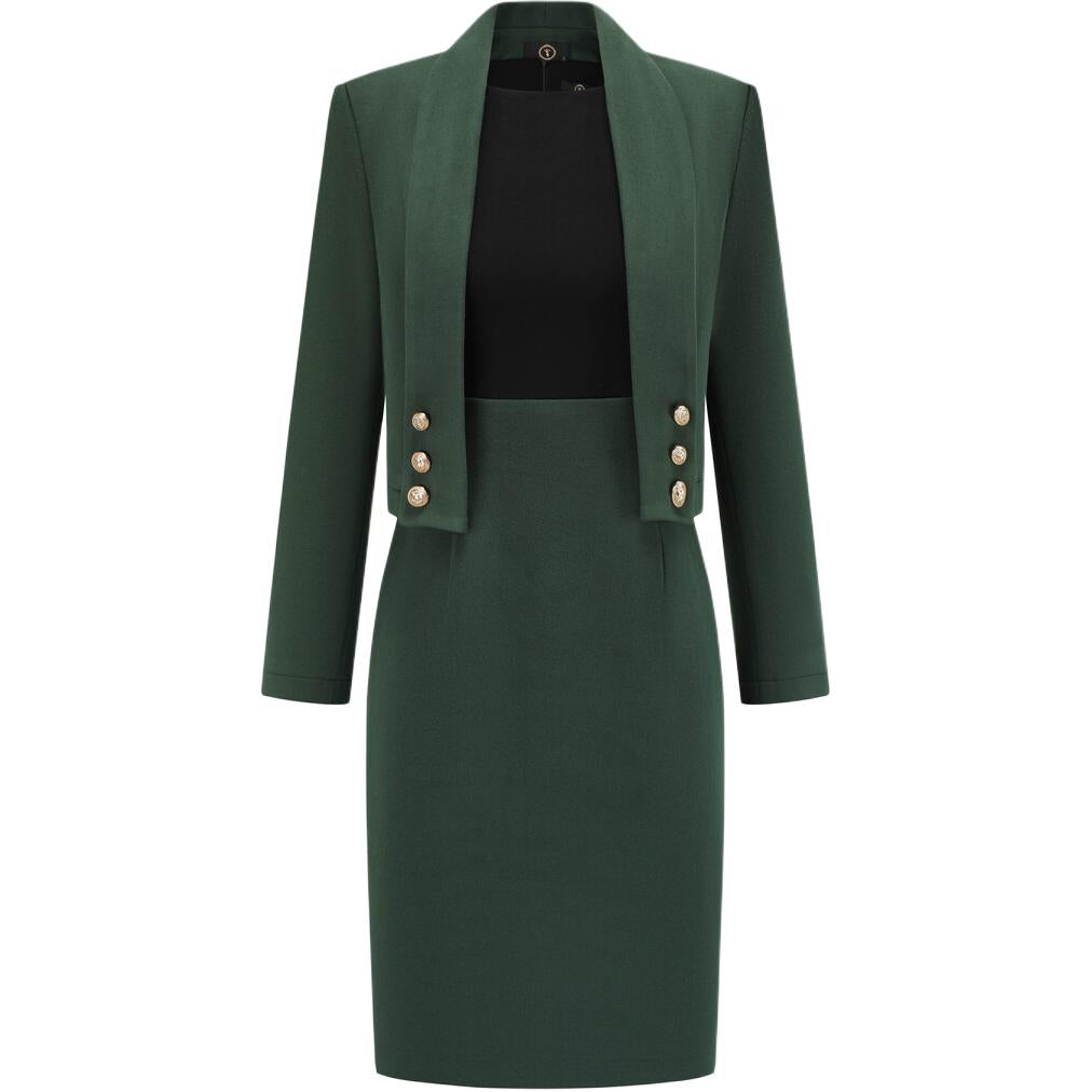 Bir soyali kichkina parfyum uslubidagi kostyum yuz bilan to'qnashuv rangli liboslar keksa hissiyotli yubka kostyumi ayol to'q yashil