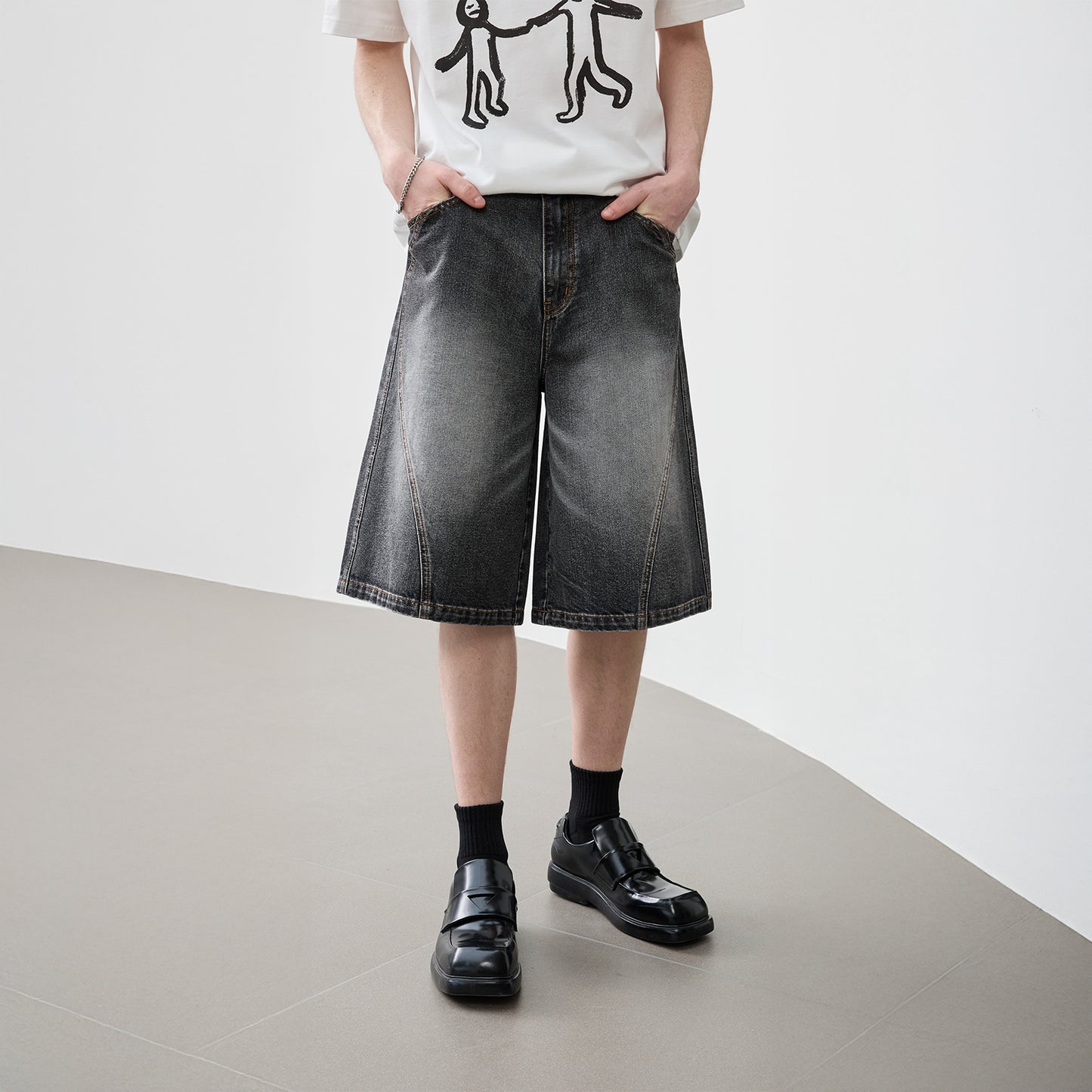 Lilbetter vintage yuvilgan eski dumaloq bo'sh kestirib amerika jinsi teksturasi eskirgan dekonstruksiyasiz split baland ko'cha beshta oddiy erkaklar uchun qora shortilar