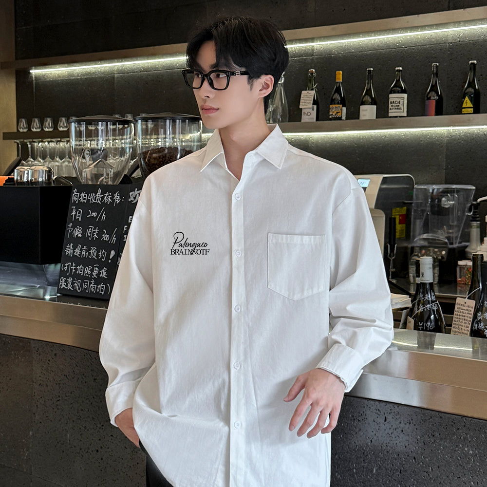 Pal ongaco pal ongaco Amerika retro yuqori ko'cha oddiy harflar logotipi bosma bir rangli trend bo'sh universal dangasa tuyg'u qulay paxta uzun yengli ko'ylak erkaklar va ayollar modellari bilan