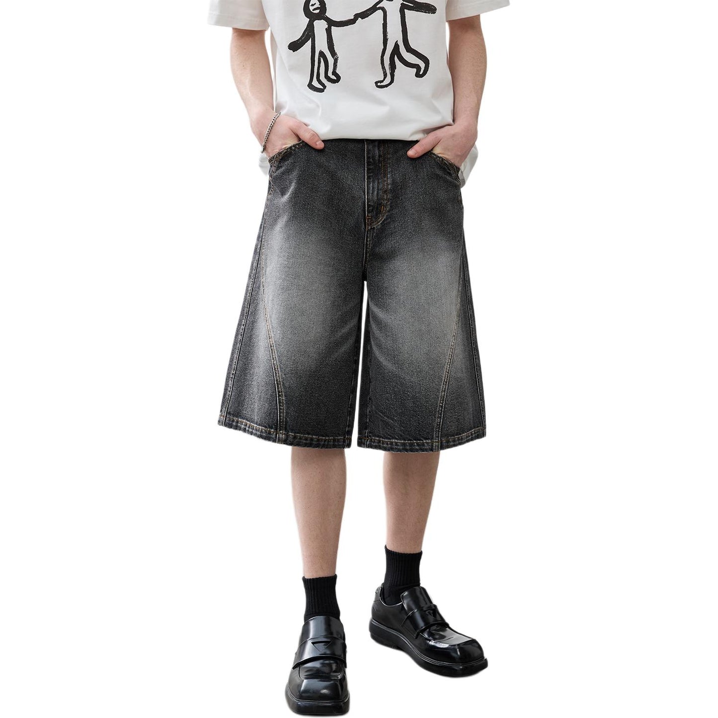 Lilbetter vintage yuvilgan eski dumaloq bo'sh kestirib amerika jinsi teksturasi eskirgan dekonstruksiyasiz split baland ko'cha beshta oddiy erkaklar uchun qora shortilar