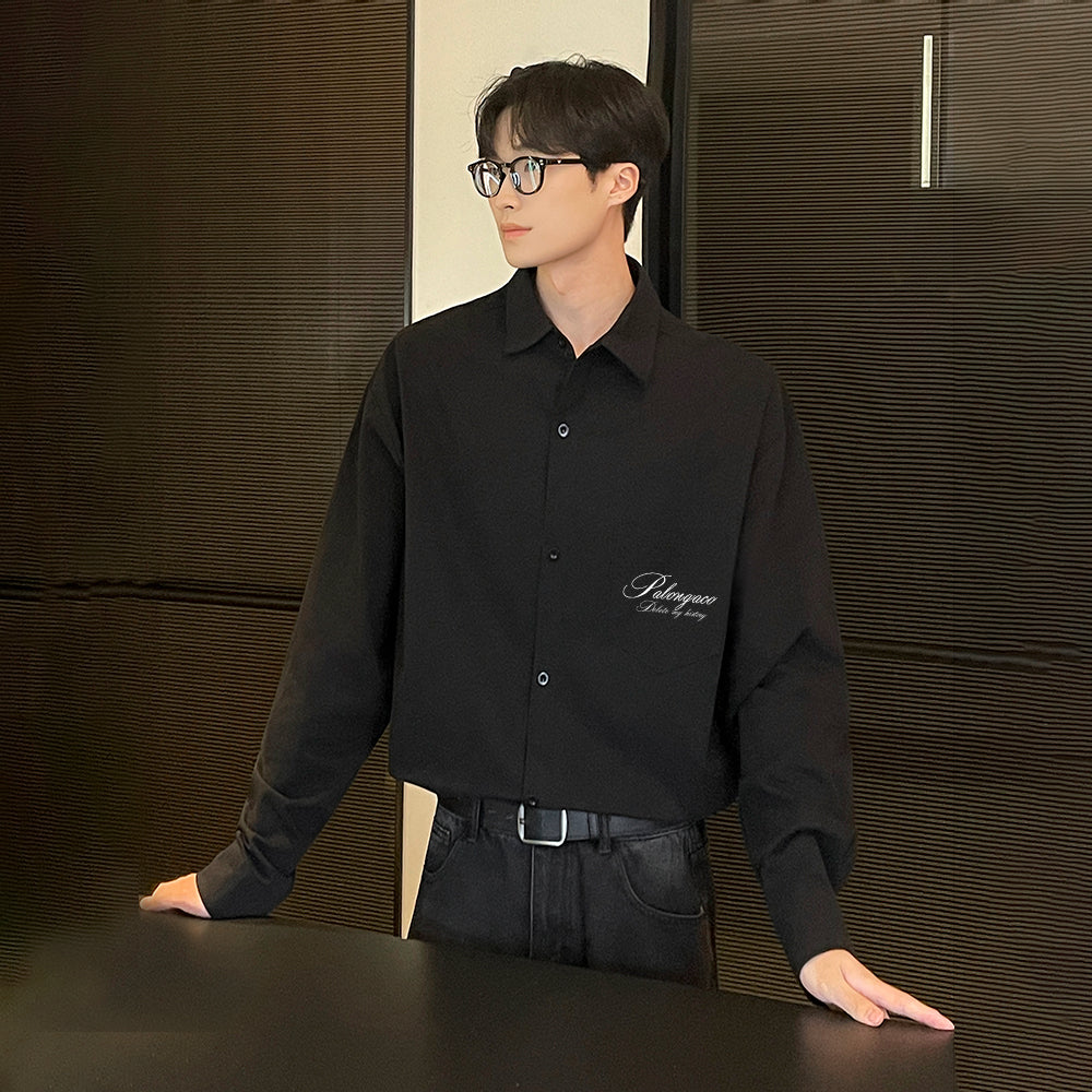 Pal ongaco pal ongaco Amerika retro qo'lyozma harflar logotipi bosma tasodifiy bo'sh uzun yengli ko'ylaklar lapel ko'ylagi bahor va kuz modellari chiroyli ko'p qirrali oddiy paxta ishchi ko'ylagi bir xil modeldagi erkaklar va ayollar