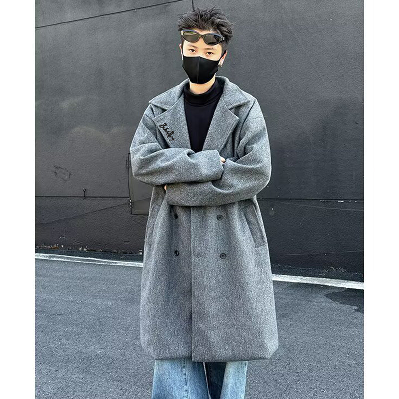 Mato chizig'i kichik odamlar koreyscha bir ko'krakli uzun bo'sh qulay katta cho'ntaklar kostyum yoqasi issiq Britaniya uslubidagi jun tvid palto katta ma'noda trench palto tasodifiy ko'p qirrali ochiladigan yelkali uzun yengli