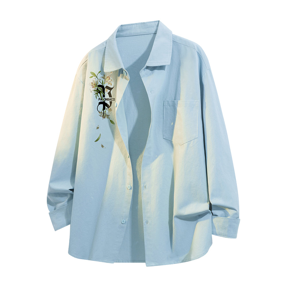 Pal ongaco pal ongaco Amerika retro jinssiz asosiy modellar harflar logotipi soxta kashtado'zlik o'simliklari gulli dizayn printlar oddiy lapel bo'shashmasdan qulay yelkalar paxta uzun yengli erkaklar va ayollar uchun ko'ylaklar