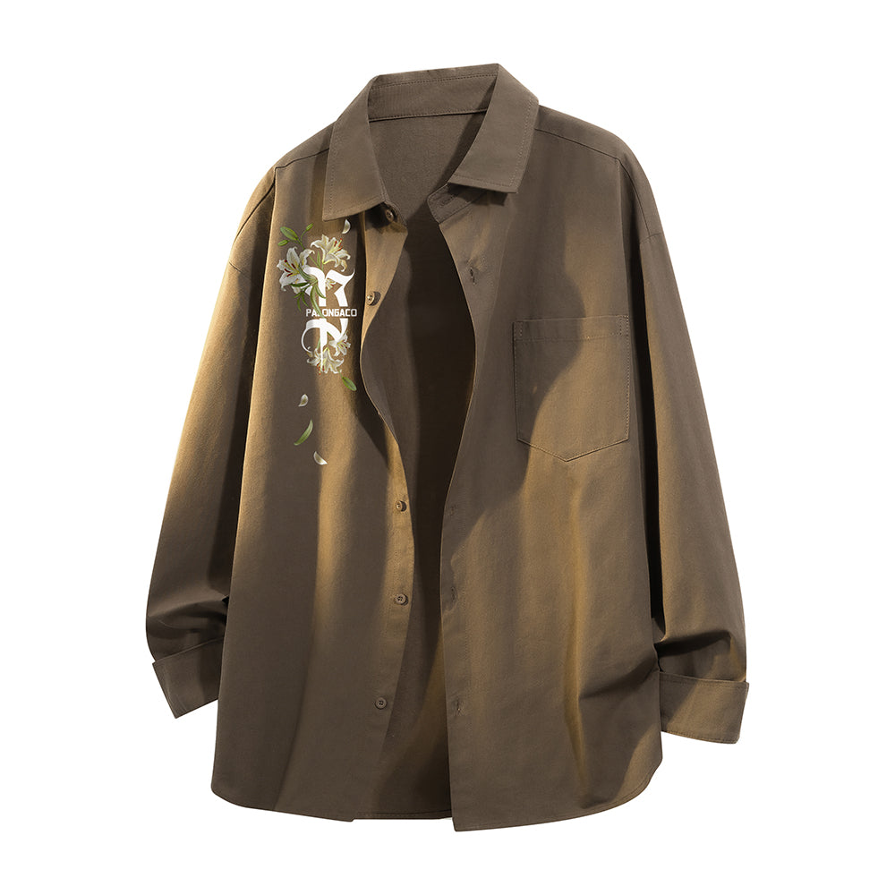 Pal ongaco pal ongaco Amerika retro jinssiz asosiy modellar harflar logotipi soxta kashtado'zlik o'simliklari gulli dizayn printlar oddiy lapel bo'shashmasdan qulay yelkalar paxta uzun yengli erkaklar va ayollar uchun ko'ylaklar