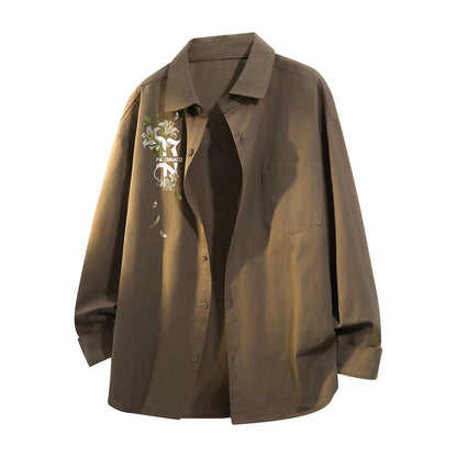 Pal ongaco pal ongaco Amerika retro jinssiz asosiy modellar harflar logotipi soxta kashtado'zlik o'simliklari gulli dizayn printlar oddiy lapel bo'shashmasdan qulay yelkalar paxta uzun yengli erkaklar va ayollar uchun ko'ylaklar