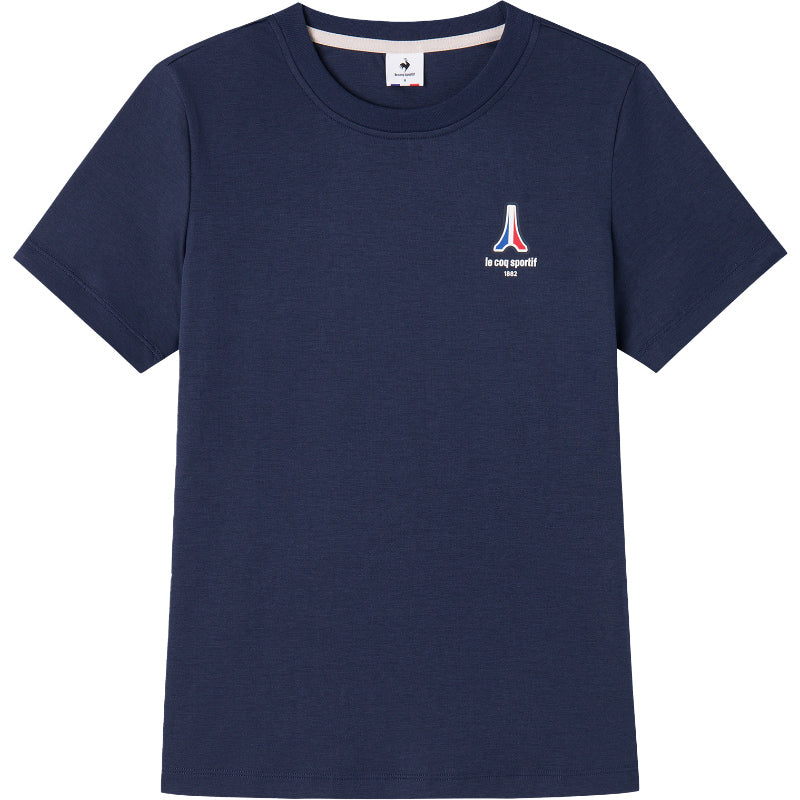 Le coq sportif brendi logotipi shablonlari ochiq havoda kundalik sport ekipaji bo'yinbog'li kalta yengli futbolka ayollar