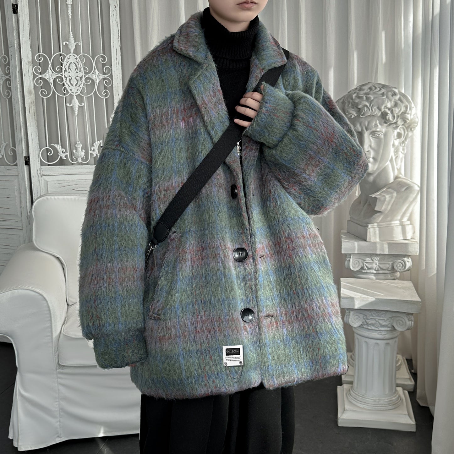 Lazy wind clash plaid issiq qalinlashgan tvid top yaqin bu yerda Amerika retro yuqori trend ko'cha bo'sh qulay kostyum yoqasi off yelka uzun yengi ko'ylagi Koreys tasodifiy commute klassik Britaniya asosiy m