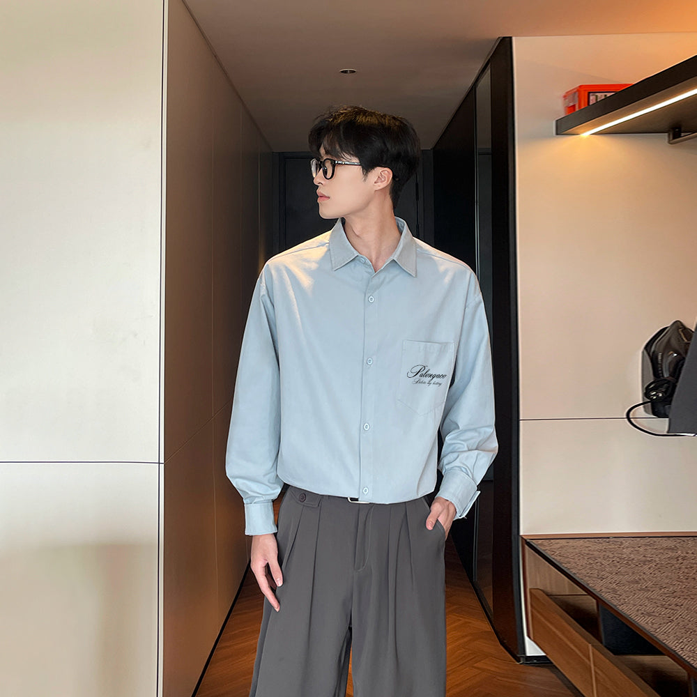 Pal ongaco pal ongaco Amerika retro qo'lyozma harflar logotipi bosma tasodifiy bo'sh uzun yengli ko'ylaklar lapel ko'ylagi bahor va kuz modellari chiroyli ko'p qirrali oddiy paxta ishchi ko'ylagi bir xil modeldagi erkaklar va ayollar