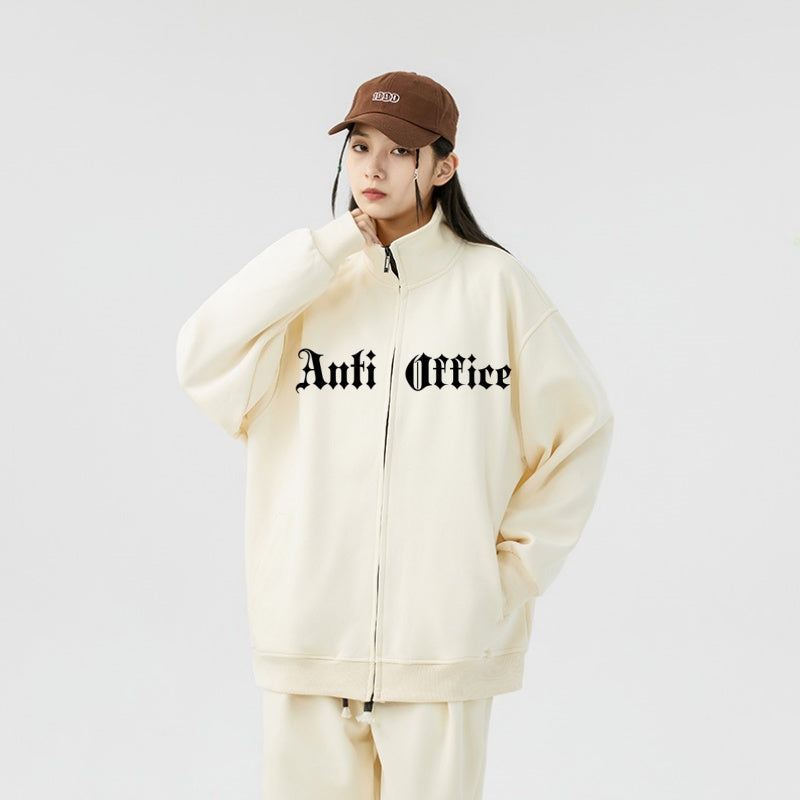 Anti-ofis kolleji uslubidagi Amerika logotipi harflari bosilgan yoqa uzun yengli kardigan ko'ylagi ko'p qirrali bo'sh sport yugurish to'rli shimlar kozok ikki qismli kozok to'plami erkaklar va ayollar bir xil modellar