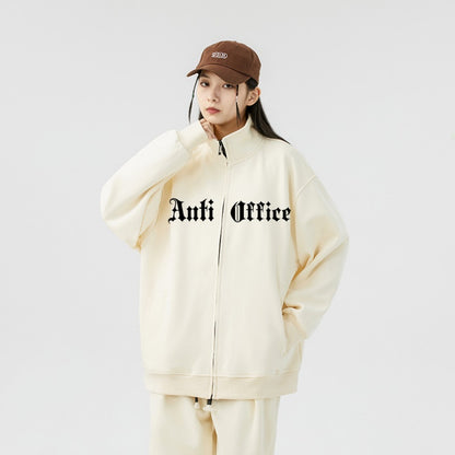 Anti-ofis kolleji uslubidagi Amerika logotipi harflari bosilgan yoqa uzun yengli kardigan ko'ylagi ko'p qirrali bo'sh sport yugurish to'rli shimlar kozok ikki qismli kozok to'plami erkaklar va ayollar bir xil modellar