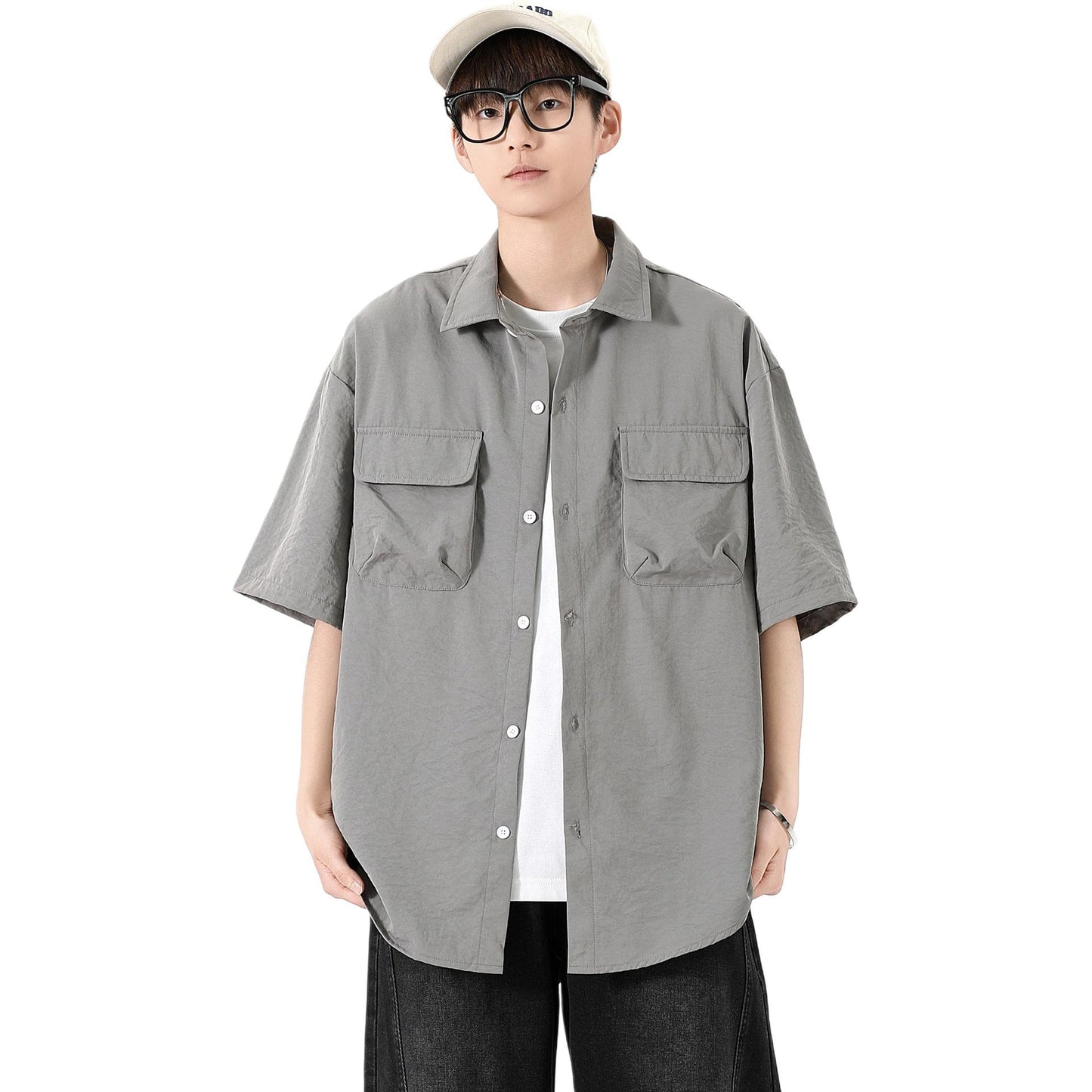 Igoi Amerika yuqori ko'chada qulay moda ish kiyimi nozik kesilgan tasodifiy ko'p qirrali tekis rangli oddiy bo'sh lapel qisqa yengli ko'ylaklar erkaklar va ayollar bir xil