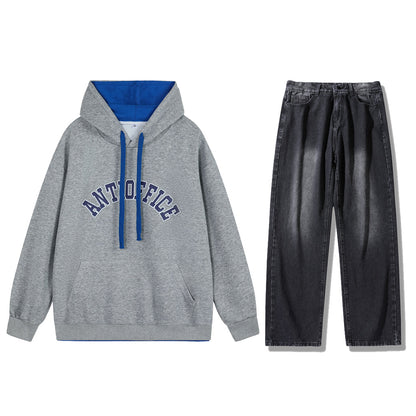 Anti-ofis shaharcha yangi yoshlar tasodifiy sayohat oddiy qulay sport kostyumi shamol trendi ko'p qirrali kozok yupqa tekis jinsi o'g'il ikki qismli kostyum kiyimi kuz va qishki erkaklar modellari