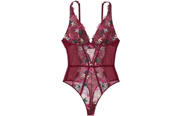 Victoria's secret victoria's secret floral lace patchwork mesh deep v bodysuit women's burgundy floral print - Boxette Shop