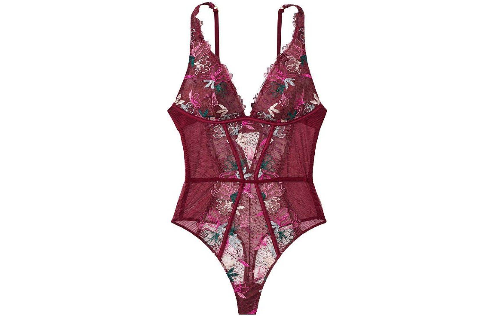 Victoria's secret victoria's secret floral lace patchwork mesh deep v bodysuit women's burgundy floral print - Boxette Shop