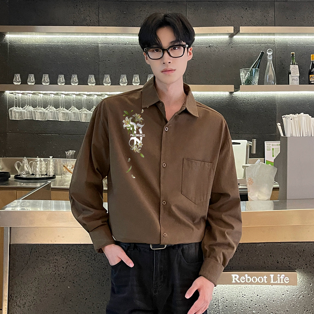 Pal ongaco pal ongaco Amerika retro jinssiz asosiy modellar harflar logotipi soxta kashtado'zlik o'simliklari gulli dizayn printlar oddiy lapel bo'shashmasdan qulay yelkalar paxta uzun yengli erkaklar va ayollar uchun ko'ylaklar