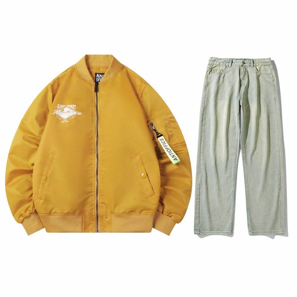 Антиофис гонконг стиль куртка с свободными широкими ногами джинсы повседневная работа поездка костюм городской новый молодежный простой и удобный с хорошим набором одежды осень и зима мужские модели - Boxette Shop