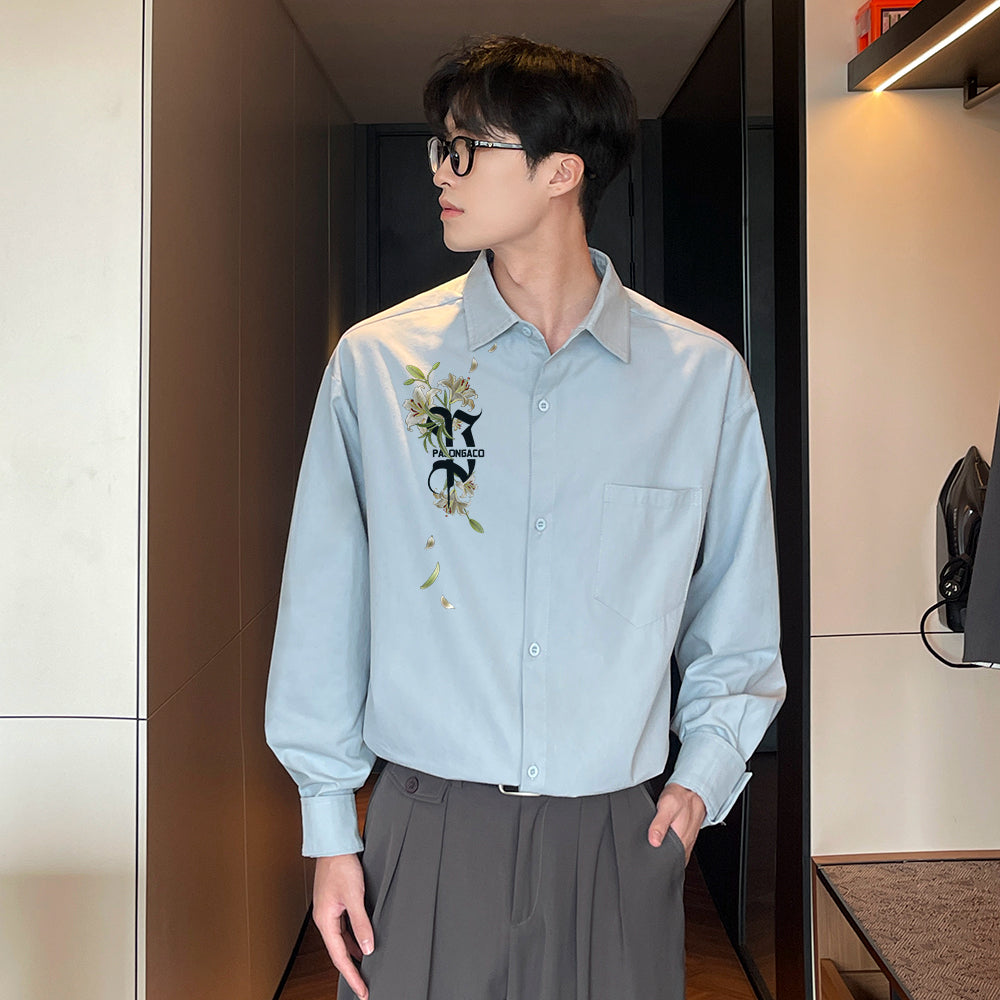 Pal ongaco pal ongaco Amerika retro jinssiz asosiy modellar harflar logotipi soxta kashtado'zlik o'simliklari gulli dizayn printlar oddiy lapel bo'shashmasdan qulay yelkalar paxta uzun yengli erkaklar va ayollar uchun ko'ylaklar