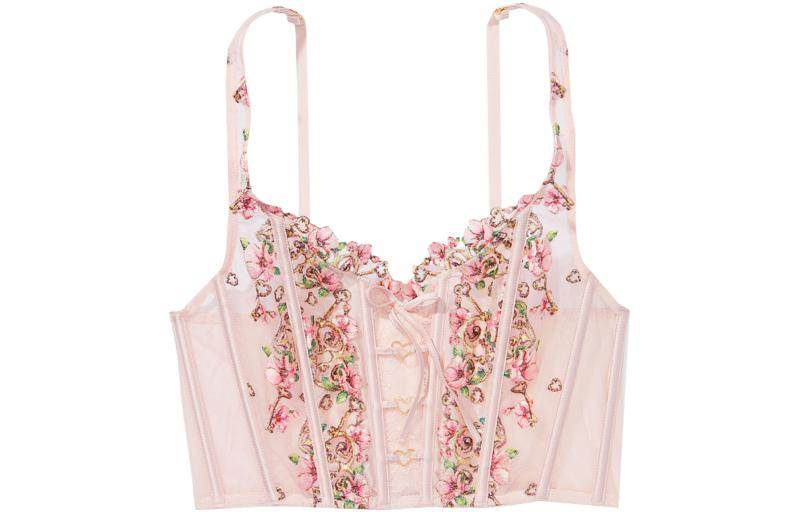 Victoria's secret/victoria's secret floral embroidered skinny unlined shapewear lace fishbone corset bra 5s5y ballet pink - Boxette Shop