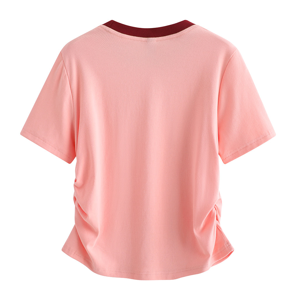 Pal ongaco pal ongaco Amerika ins trend to'qnashuvi qovurg'ali yoqa cho'zilgan bel nozik nozik shirin chili qisqa ekipaj bo'yinli qisqa yengli futbolka ayollar