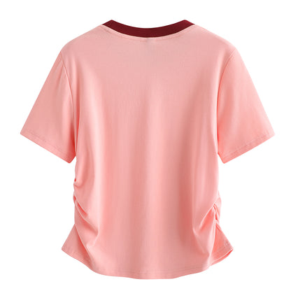 Pal ongaco pal ongaco Amerika ins trend to'qnashuvi qovurg'ali yoqa cho'zilgan bel nozik nozik shirin chili qisqa ekipaj bo'yinli qisqa yengli futbolka ayollar