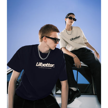 Lilbetter harfi logotipi bosma paxta amerikalik kundalik toza kiyimli dumaloq bo'yinli yarim yengli bo'shashgan juftlik qisqa yengli futbolka modelli erkaklar va ayollar