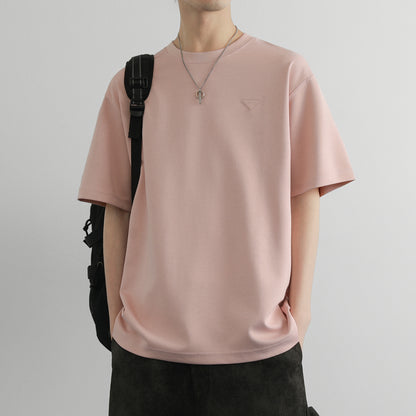 Hvga asosiy modellari eski pul uslubi yumshoq va qulay teri salqin tuyg'u yarim yengli pastki ko'ylak Amerika tekis rangli moda shaxsiyat trendi tasodifiy erkin qisqa qisma futbolkalar bir xil modellar bilan erkaklar va ayollar