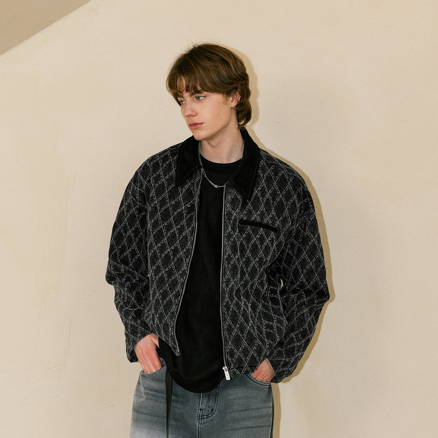 Lilbetter Retro Geometrik Teksturali Jakkard Lapel Daniy Ko'ylagi Erkaklar Qora