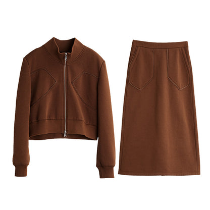 Elle frantsuzcha dizayndagi fermuarli musbat yelkali kozok qishki yangi oddiy tokchali ko'ylak yubka to'plami ayollar jigarrang