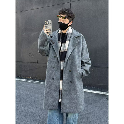 Mato chizig'i kichik odamlar koreyscha bir ko'krakli uzun bo'sh qulay katta cho'ntaklar kostyum yoqasi issiq Britaniya uslubidagi jun tvid palto katta ma'noda trench palto tasodifiy ko'p qirrali ochiladigan yelkali uzun yengli