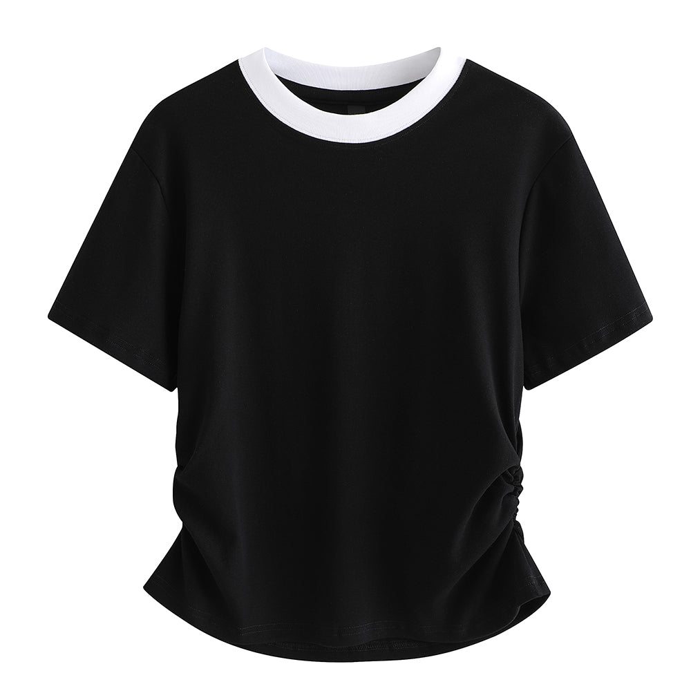 Pal ongaco pal ongaco Amerika ins trend to'qnashuvi qovurg'ali yoqa cho'zilgan bel nozik nozik shirin chili qisqa ekipaj bo'yinli qisqa yengli futbolka ayollar