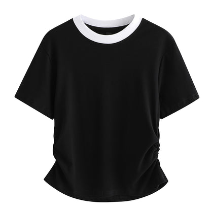 Pal ongaco pal ongaco Amerika ins trend to'qnashuvi qovurg'ali yoqa cho'zilgan bel nozik nozik shirin chili qisqa ekipaj bo'yinli qisqa yengli futbolka ayollar