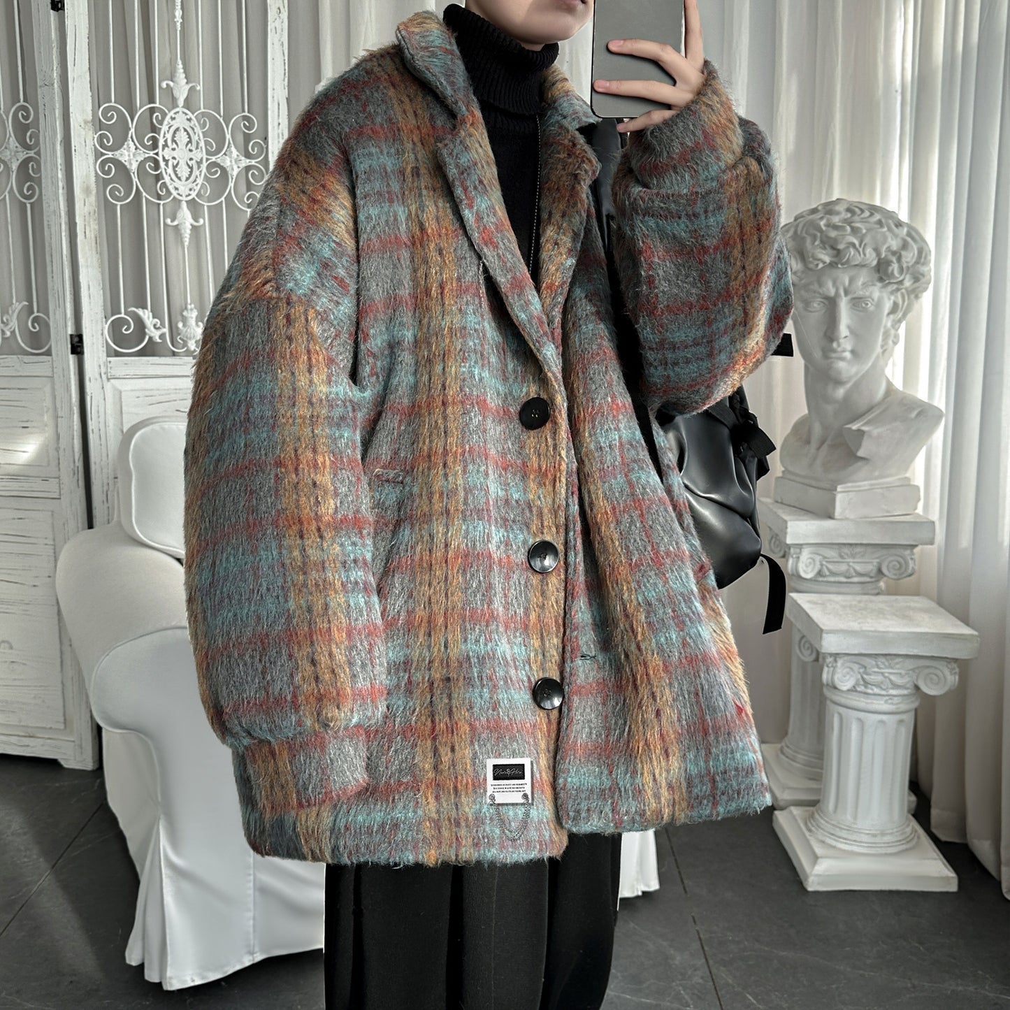 Lazy wind clash plaid issiq qalinlashgan tvid top yaqin bu yerda Amerika retro yuqori trend ko'cha bo'sh qulay kostyum yoqasi off yelka uzun yengi ko'ylagi Koreys tasodifiy commute klassik Britaniya asosiy m