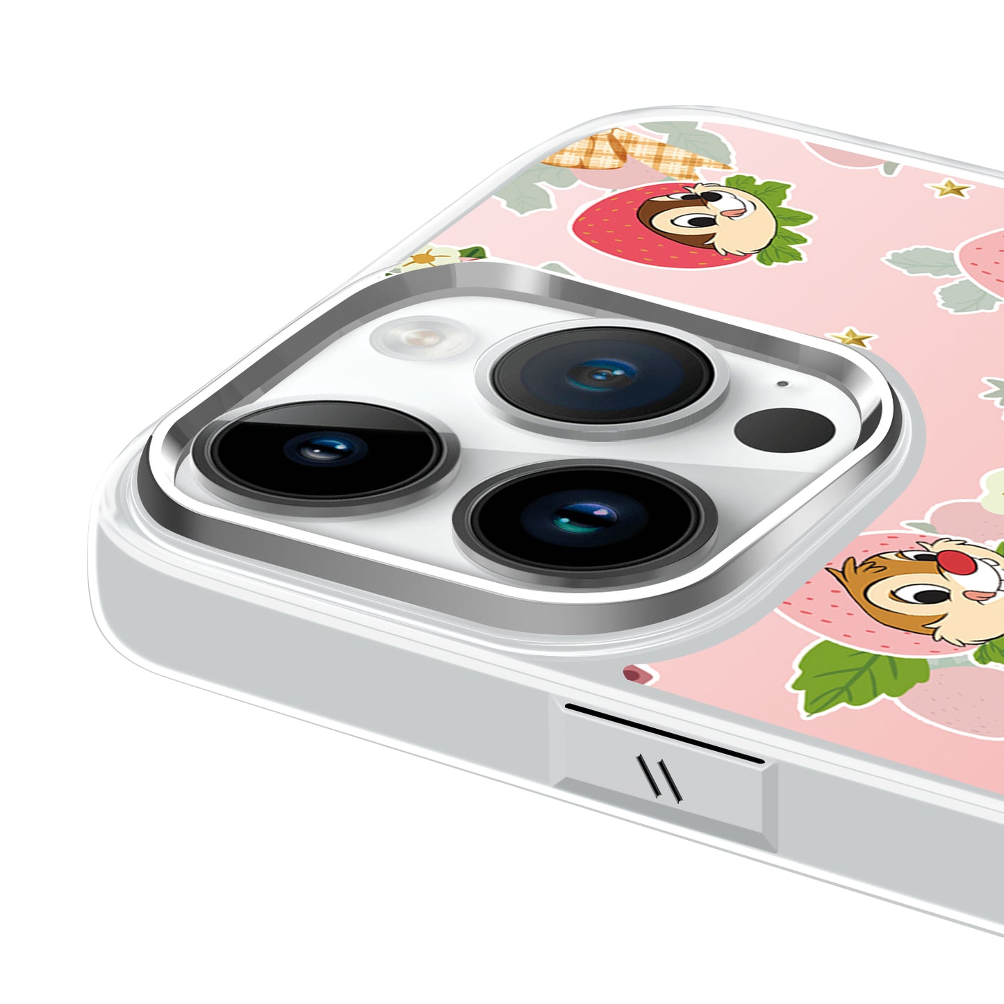 Disney abs+kompyuter materiali yoqimli qulupnay seriyali chicky titty shirin yuqori sifatli metall bo'yoq oyna himoyasi olma/olma 16promax/plus/iphone15/14/13pro multfilm animatsiyasi uchun muzli shisha telefon qutisi