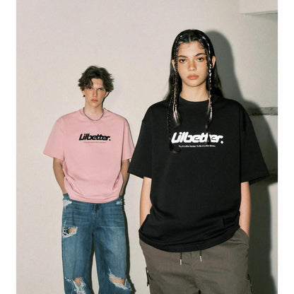 Lilbetter harfi logotipi bosma paxta amerikalik kundalik toza kiyimli dumaloq bo'yinli yarim yengli bo'shashgan juftlik qisqa yengli futbolka modelli erkaklar va ayollar