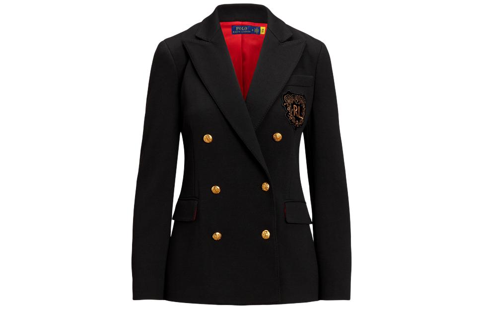 Polo Ralph Lauren SS24 Logo Aplike Qo'sh ko'krakli Slim Fit Uzun yengli Blazer Ayollar Qora