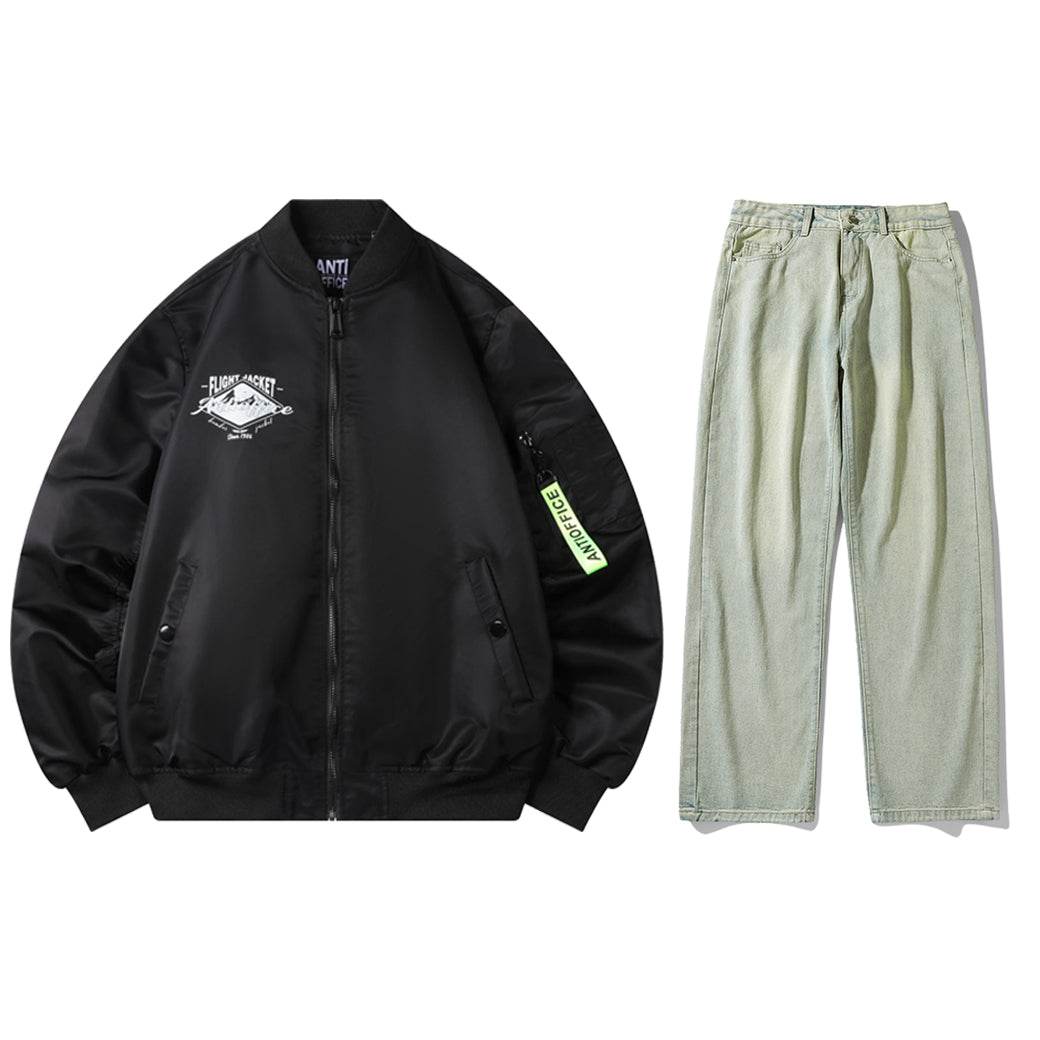 Антиофис гонконг стиль куртка с свободными широкими ногами джинсы повседневная работа поездка костюм городской новый молодежный простой и удобный с хорошим набором одежды осень и зима мужские модели - Boxette Shop