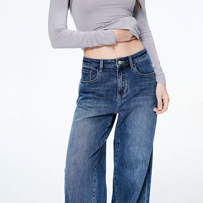 Navigare italyancha kichkina yelkanli qayiq modasi retro yupqa cho'ntak kashtasi paxta tuyg'usi yuvilgan keng oyoqli jinsi ayollar jinsi ko'k