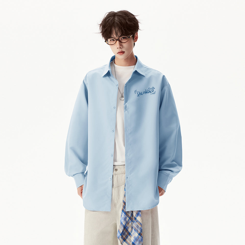 Pal ongaco pal ongaco Amerika yuqori ko'cha asosiy modellari oddiy sof paxta tanasi harflari brend logotipi bosma erkin tasodifiy universal koreys tekis rangli lapel uzun yengli ko'ylaklar bir xil modellar bilan erkaklar va ayollar