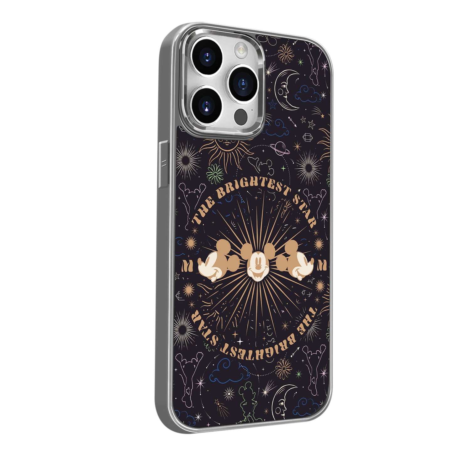 Disney ABS+PC materiali ijodiy to'lqini Mikki bosmaxona uchun yuqori sifatli metall bo'yoq oynasi qo'riqchisi olma/olma 16promax/plus/iphone15/14/13pro multfilm animatsiyasi uchun muzli shisha telefon qutisi