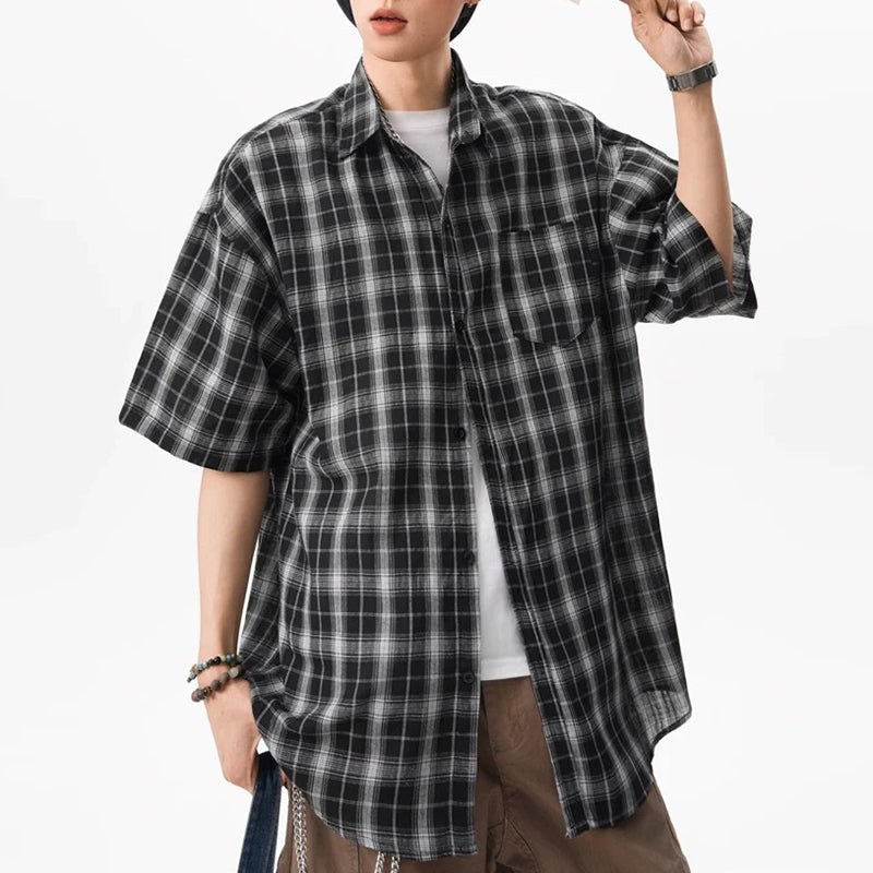 Hvga Amerika retro asosiy modellari plashli birlashma to'qnashuv rangli yarim yengli ko'ylak ko'ylagi ter singdirish nafas oladigan yupqa bo'sh katta o'lchamli talabalar partiyasi qisqa qisma ko'ylak erkaklar va ayollar modellari