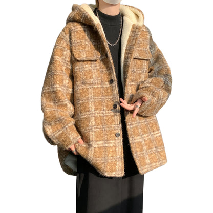 Hvga ochilgan yelka Amerika retro yostiqli qalinlashgan shilimshiq flanel chiziqli kurtka kardigan kundalik qulay koreys kiyimi kaputli kichik shannon palto kuz va qish trendi bo'sh premium tuyg'u qalin tozalik shamol baxmal hislar