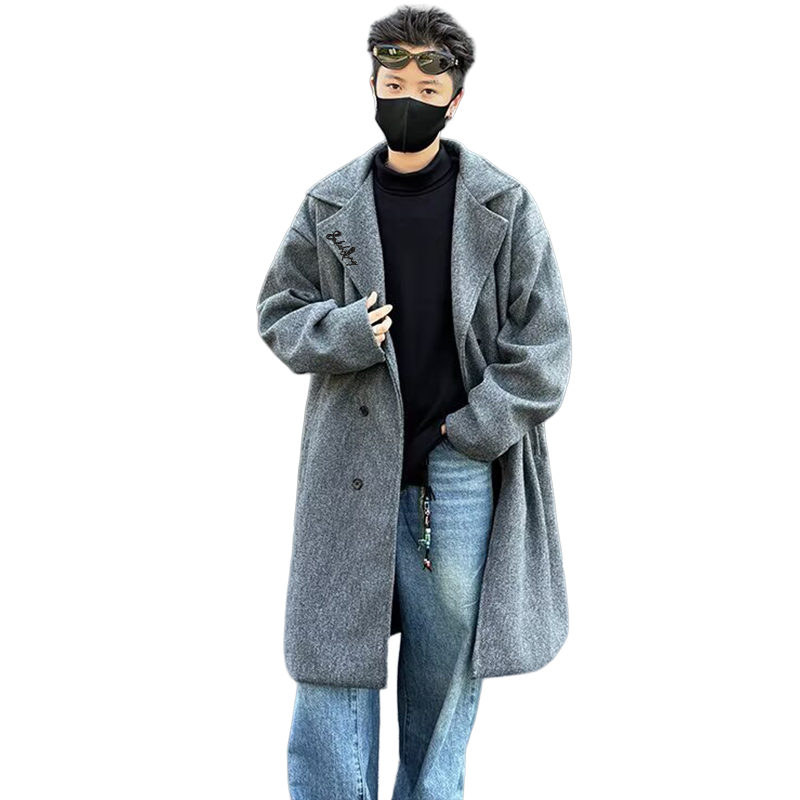 Mato chizig'i kichik odamlar koreyscha bir ko'krakli uzun bo'sh qulay katta cho'ntaklar kostyum yoqasi issiq Britaniya uslubidagi jun tvid palto katta ma'noda trench palto tasodifiy ko'p qirrali ochiladigan yelkali uzun yengli